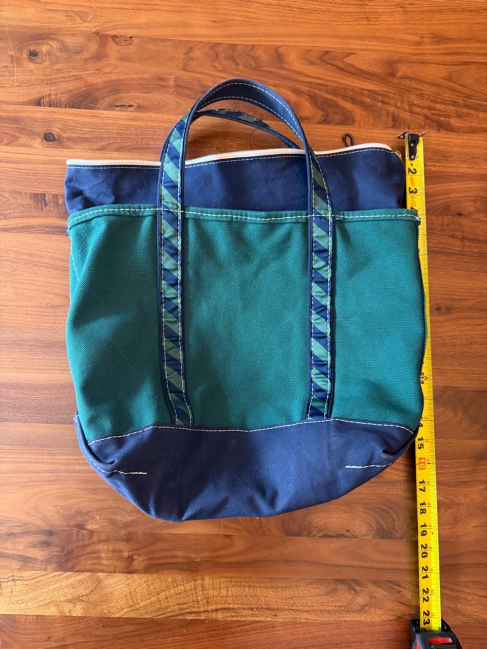 LL Bean Vintage Blue and Green Canvas Boat Tote - Striped Handles